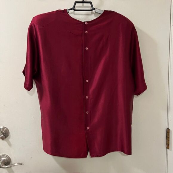 VTG 80s Rodier Womens Red Silk Blouse Short Sleeve Button Closure Padded Sz LG - Picture 4 of 11